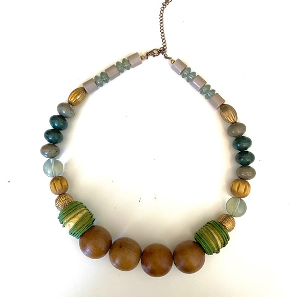 Vintage Chunky Wood & Mixed Bead Statement Necklace — Boho 70s Vibes - Picture 3 of 7